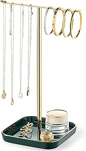Jewelry Holder Stand with Ceramic Base: 12" Tall Necklace Organizer Rack, Tree Design Display Storage for Necklaces, Bracelets, Rings, Earrings, Aesthetic Room Décor for Girls and Women, Green