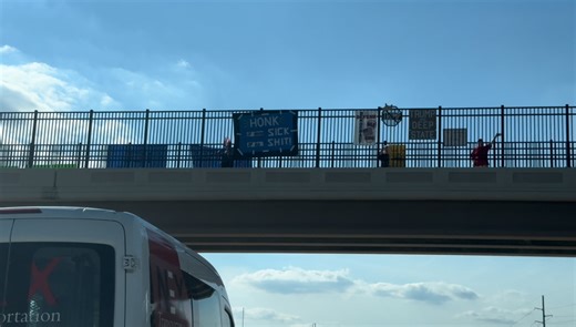 2.9K views · 45 reactions | Anti-Trump protest on a pedestrian bridge over I-696 in Farmington Hills, Michigan Signs reading “Defend Democracy”, “Trump = Deep State”, and “Honk if you’re sick of his sh*t!” out this afternoon | BG On The Scene | Facebook