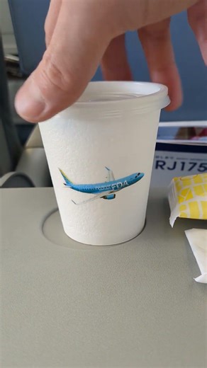 FDA の紙コップ 機体のボディのデザインと合わせた紙コップが印象的 リエムとコーヒーで空のカフェタイム 新潟-新千歳 2026年3月上旬