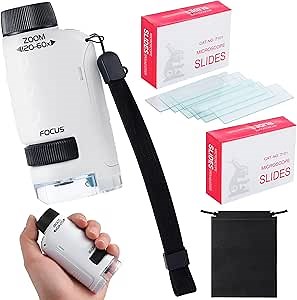 Mini Portable Microscope 60x-120x Magnification Pocket Handheld Microscope LED Lighted Mini Scope for Kids with 100 Pcs Microscope Slides and Pouch for Students Children Experiment, White