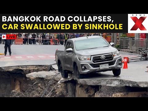 Bangkok Road Collapse LIVE | Huge Sinkhole Opens in Bangkok, Engulfs Car and Power Poles Safely