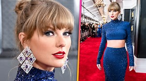 Taylor's dress featured glittering details accessorized with dramatic dangling earrings. The dress seems to be a special nod to her 'Midnights' album. | Entertainment Tonight