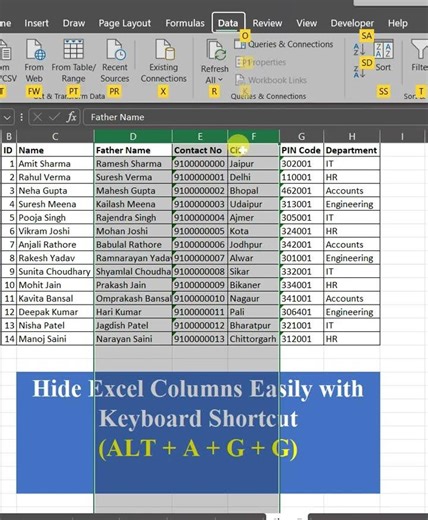 Excel Column Hide Shortcut 🔥 | ALT + A + G + G | Excel Tricks Hindi