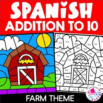 Spanish FARM ANIMALS Color by Number Code Addition within 10 Coloring Pages