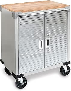 Seville Classics UltraHD Heavy Duty Rolling Cabinet Workbench Table w/Solid Wood Top, Workstation for Garage, Office, Workshop, Granite, 2-Door (28" W x 18" D)