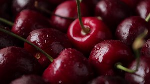Download Cherry fruit, cherry background, ripe cherry fruit, red cherry, closeup of cherries with drops water for free