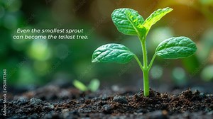 A young plant sprouting from rich soil with 'Even the Smallest Sprout Can Become the Tallest Tree' Text Animation, Motivational. Generative AI