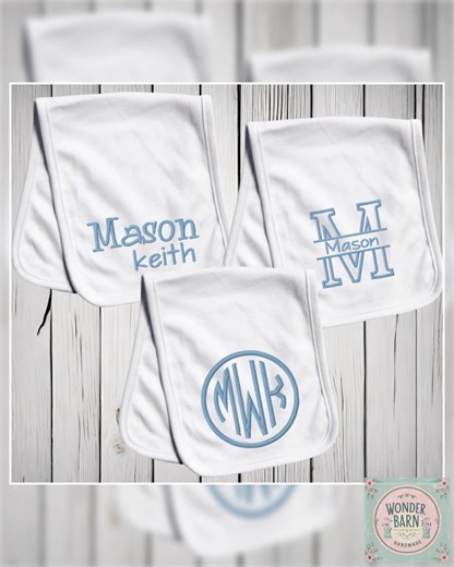 Say goodbye to baby messes in style! ✨ Our set of three personalized embroidered burp cloths makes the perfect monogrammed baby gift 🎁. Crafted with soft, absorbent fabric, these burp cloths combine functionality with adorable design 💖. Whether at a baby shower or during late-night feedings, they'll bring joy and comfort to new parents while keeping them prepared for any little surprises 🚼. Don't let this cute bundle of joy slip away—grab yours now! 🏃‍♀️💨 #BabyGift #BurpCloths #Personalized