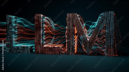 Large Language Model. LLM. AI training. Deep learning. Machine learning. A stylized representation of the letters L, I, M with flowing light effects.