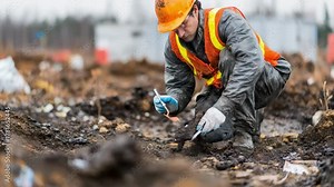 Environmental technician testing soil near a landfill to detect hazardous waste leakage affecting surrounding land