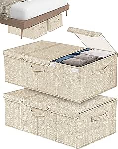 Deep Under Bed Storage Container, 2 Pack 10" High 31" Long Large Underbed Box Storage Bins with Lids and Hard Bottom, for Closet, Bedroom, Dorms, Clothes, Bed sheets, blankets, Beige