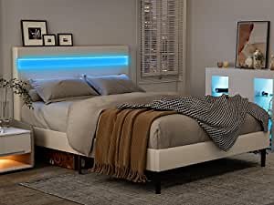 Amazon.com: IKIFLY Modern LED Bed Frame Full Size - Contemporary upholstered Faux PU Leather Platform Bed Frame with Changing LED Lights Headboard - No Box Spring Needed - Easy Assembly - White, Full : Home & Kitchen