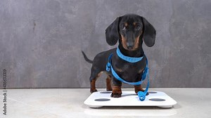 Funny sports dachshund puppy wrapped with flexible ruler to make control measurements of body volume and stands on the scales weighing himself.