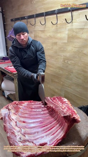 Transformation de la viande : découper une partie de côtes à l'aide d'un lourd couperet