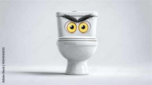 A toilet with an angry face on it. The toilet is white and has a yellow eye. The angry face is drawn on the toilet and it looks like it's about to explode