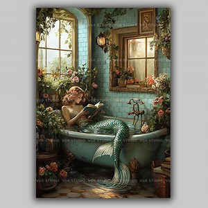 Mermaid Reading in Victorian Bathtub Art, Whimsical Cozy Bathroom Decor, Romantic Fantasy Print, Dreamy Floral Decor for Book Lovers Y76 - Etsy