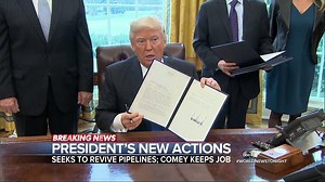 38K views · 539 reactions | PRESIDENT’S NEW ACTIONS: President Donald J. Trump took several actions at the White House today, including orders that advance the controversial Keystone and Dakota Access Pipelines – while also deciding to keep FBI – Federal Bureau of Investigation director James Comey on board. Jonathan Karl reports. | ABC World News Tonight with David Muir | Facebook