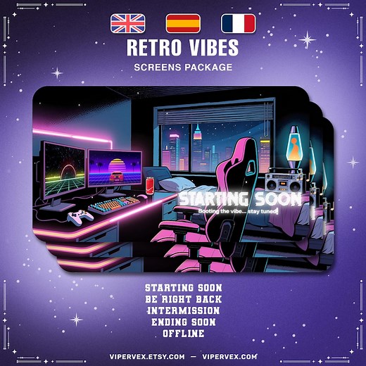 Retro 80s Neon Twitch Overlay: Animated Stream Screens (english, French, Spanish) (digital Download - Etsy