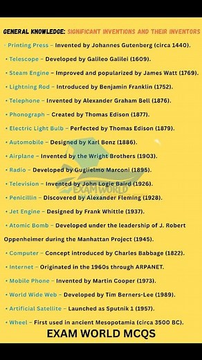#invention #inventions #gk #facts #factsyoudidntknow #factsdaily #Science #sciencefacts #sciencefiction #ScienceInAction #scientific #scientificfacts #education #study #students #viralvideoシ #generalknowledge #knowledge #viralreelschallenge #viralreelsシ #viralreels #highlight #share | EXAM WORLD MCQS CSS,PMs,SPSC