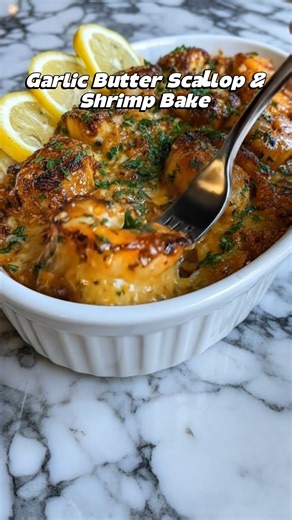 Garlic Butter Scallop & Shrimp Bake Tender scallops and juicy shrimp baked in rich garlic butter cream. This scallop and shrimp bake is creamy, golden, and perfect for a cozy seafood dinner. Save this seafood recipe and make this garlic butter bake soon. 📝 Ingredients : * ¾ lb bay scallops * ¾ lb medium shrimp, peeled and deveined * 4 Tbsp unsalted butter, melted * 4 garlic cloves, minced * 1 cup heavy cream * ½ cup grated Parmesan cheese * 1 Tbsp fresh lemon juice * 1 tsp Old Bay seasoning * 1