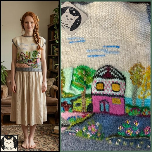 Vintage Handmade Sweater Vest With Cottagecore Village Scene, XS - Etsy