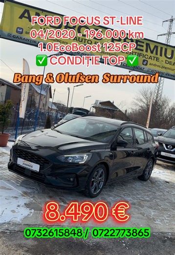 ✅GARANȚIE 12 LUNI ✅ ‼️ RATE FIXE AVANS 0% ‼️ ⚙️RULAJ CERTIFICAT/ISTORIC CUNOSCUT⚙️ FORD FOCUS MK4 ST-LINE Bang&Olufsen Surround System Fabricație 06/2020 Motorizare: 1.0 Eco Boost 125CP EURO 6 Rulaj 196.000 km Culoare Negru Perlat Serie de sasiu: WF0PXXGCHPLR41161 IMPORT RECENT Posibilitate finantare cu aprobare imediata PROGRAMARE RAR Masina se prezinta foarte bine atat tehnic cat si estetic. PRET: 8.490 € SE EMITE FACTURA Avantajele la achiziție:👇👇 ✅ Garanție 12 Luni(pentru motor si cutie) ✅