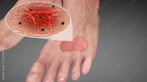 Fungal infection of the foot. Bacterial infection of the foot causing redness, swelling, and itching. Athlete's foot. Skin disease treatment. Complete infection process.3D animation.