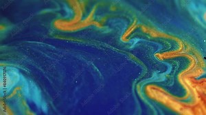 Acrylic paint wave. Sparkling ink. Defocused blue indigo golden color wet shiny glitter particles water pigment emulsion layers mix flow motion abstract art background. Stock Video