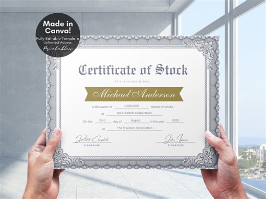 Editable Certificate of Stock Template, Printable Stock Certificate Corporate Common Shares Stock Ownership Gift for Employees, Canva - Etsy