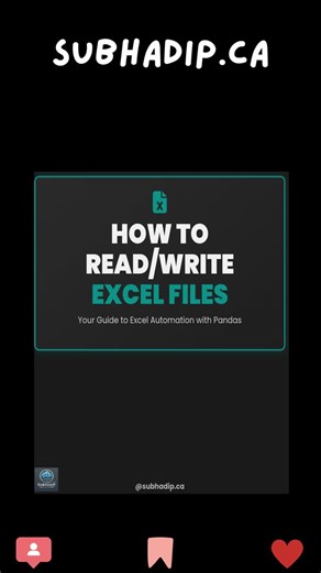 Subhadip Mukherjee on Instagram: "Struggling with Excel files in Python? 📊 Automate your workflow with pandas! 🚀 This carousel breaks down how to use `pd.read_excel()` and `df.to_excel()` to handle your spreadsheets effortlessly. In this guide, you'll learn to: ✅ Read entire Excel files with one line of code. ✅ Target and load data from specific sheets. ✅ Write your DataFrames back to Excel files. ✅ Pro Tip: Create cleaner output by skipping the index column. Save this guide for your next data