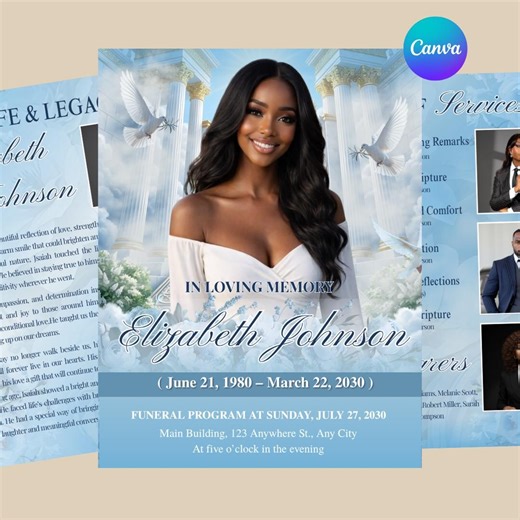 8 Page Sky Blue Funeral Program Template | 17x11 Bi-fold Obituary Celebration of Life | Editable Canva Digital Download - Etsy
