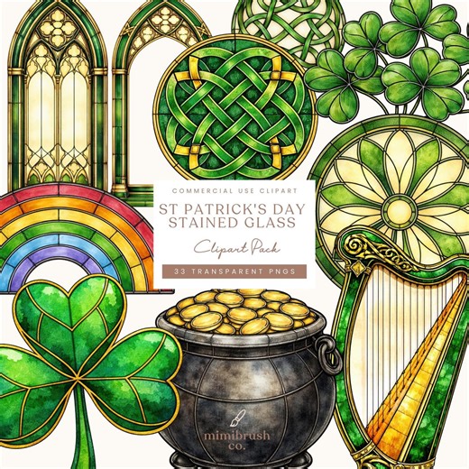 St Patrick's Day Stained Glass Clipart: Watercolor Shamrock PNG Set (digital Download, Commercial Use) - Etsy