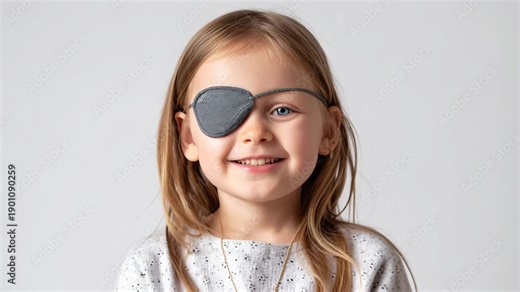 Little girl smiling, wearing eye patch for amblyopia treatment, correcting vision problem, strengthening weaker eye, showing resilience and adaptation during ophthalmology therapy