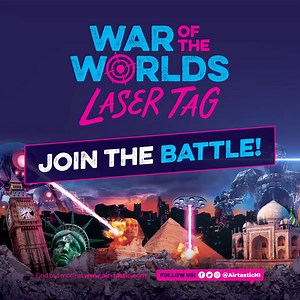VISIT LASER TAG AT AIRTASTIC BELFAST Get ready to join Earth's fight for survival in our brand new War of the Worlds Laser Tag arena! 敖 You will travel through major cities equipped with cutting – edge laser technology to revolt against the alien onslaught.  Book online now - https://bit.ly/3JcXBhr | Airtastic Entertainment Centres NI | Facebook