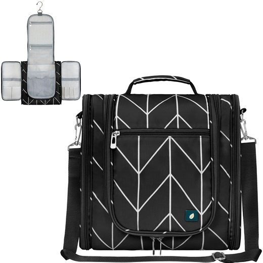 PAVILIA Extra Large Toiletry Bag Travel Bag for Women Men, Hanging Cosmetic Organizer, Water Resistant Makeup Bag for Accessories Toiletries, Travel Essentials Kit (Black Chevron)