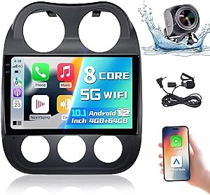 4+64GB 8 Core Car Stereo for Jeep Patriot Compass 2010-2016 Carplay Android Auto 10.1 Inch Jeep Patriot Stereo Touch Screen Android Head Unit 5Ghz WiFi SWC GPS FM 48EQ AHD Backup Camera