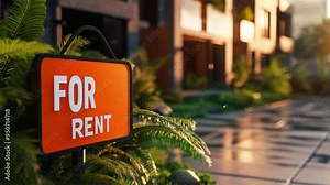 A bright orange for rent sign is prominently displayed near a contemporary real estate complex. The setting features manicured landscaping and a sunny atmosphere, inviting potential tenants.