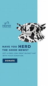 Are you in a giving mooooood? Show your support for our fight against global hunger! Become a monthly donor and receive our exclusive Heifer Cow Bucket Hat as a token of our appreciation. At Heifer International, ending world hunger and poverty is more than our mission—it’s our calling. With the support of generous donors like you, we can help struggling families in the United States and around the world achieve self-reliance. Give to Heifer today, | Heifer International | Facebook