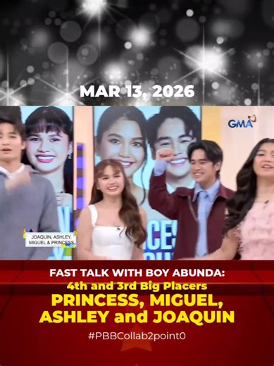 3/13/26 Salubungin sa @Fast Talk with Boy Abunda ang 4th and 3rd Big Placers ng #PBBCollab2Point0–sina Princess Aliyah at Miguel Vergara, at Ashley Sarmiento at Joaquin Arce–para makapagkwentuhan sa King of Talk! 🧡❤💚