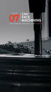 Step 7 of the forging process: CNC face-machining. The lathe-turned blanks are loaded into CNC machines where they are shaped into their final form. Because our thicker motorsports blanks begin with substantially more material and because many of our wheels have intricate designs with complex side-milling, this step can take 6 or more hours per wheel. Want to see the full forging process? Read more about how forged wheels are made on our website: https://bit.ly/4gAXeND | Apex Wheels