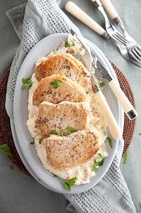 Roast Pork Chops with Cheddar & Bacon Grits Recipe - Paula Deen