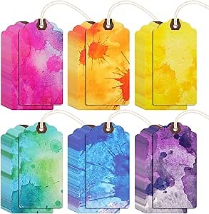 Outus 60 Pcs 4 3/4-in x 2 3/8-in Gift Tags with String Attached Paper Hanging Watercolor Tags for Gift Wrapping Party Favors DIY Crafts 6 Colors