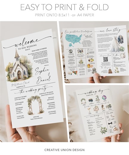 Editable Wedding Program Template, Folded Infographic Timeline Program Printable DIY, Boho Watercolor Wedding Itinerary, Instant Download - Etsy