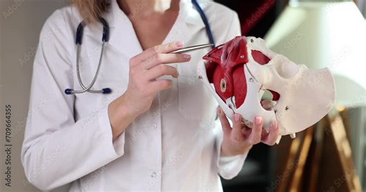 Gynecologist shows anatomy of the location of pelvis with muscles. Doctor demonstrates human pelvic bones