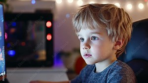 A young boy sits in a chair at a desk, looking intently at a computer screen in a dimly lit room