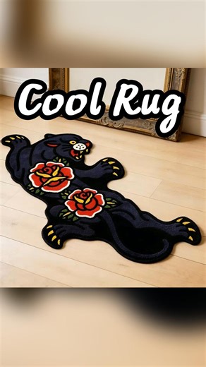 Soft short-pile rug with retro black panther & rose design. Level up your home aesthetic. ✨ #HomeDecor #TattooStyle #ShortPileRug #BlackPantherRug #VintageHome #RoomInspo