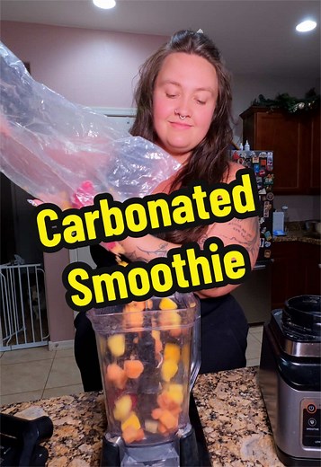 (Un?)Healthy Carbonated Smoothie recipe - makes 2 - 566g of frozen mango, strawberry, papaya, and pineapple (Wawona festival blend) and 17oz of flavored water (preferrably carbonated) #smoothie #easyrecipe #fiber #finallyallison #munchies