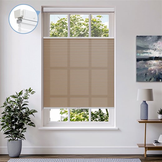 Keego New Upgraded No Drill Cellular Shades Top Down Bottom Up Honeycomb Blinds Cordless Window Blinds Easy to Install Cellular Shade for Windows, Light Filtering - Tan, 50"W x 64"H