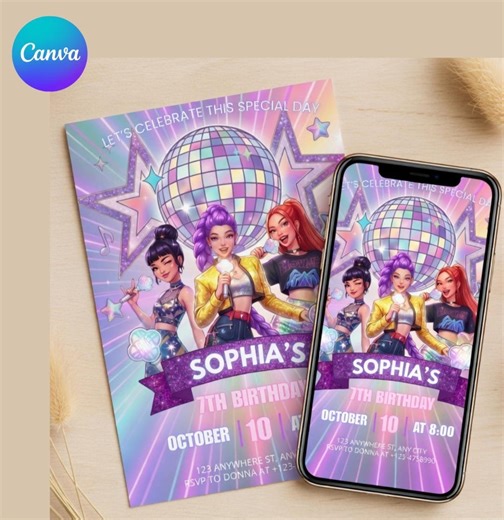 Kpop Birthday Invitation | Neon Party Invite, Demon Hunters Theme | Editable Canva Template | Anime Party Invitation, Girl Birthday - Etsy