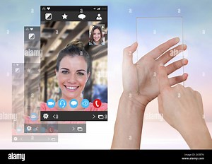 Digital composite of Hand touching glass screen with Social Video Chat App Interface Stock Photo - Alamy